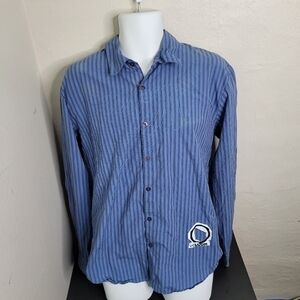 Volcom Mens Button Up Shirt Size Large Blue Striped Cotton Long Sleeve Vintage